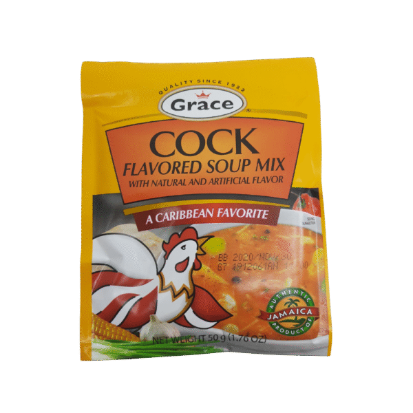 Grace Cock Flavored Soup Mix, 1.76 oz packet, authentic Jamaican dry soup seasoning.